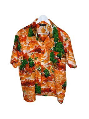 Vintage 90s Roundy Bay Men's Orange Hawaiian Print Button-Up, Size Large